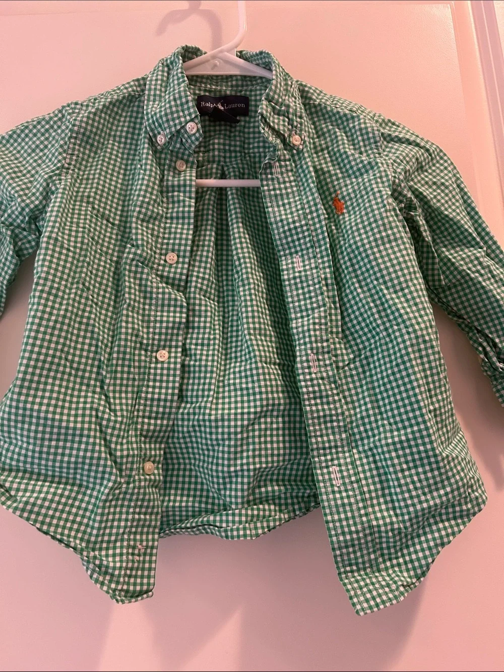 Ralph Lauren Green Gingham Button-Down Shirt long sleeve embroider logo size 3T